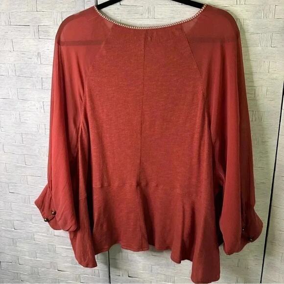 ANTHROPOLOGIE Womens V Neck sheer Sleeve blouse button cuff dusty Rose bohemian - Picture 7 of 9